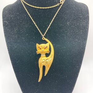 Marseille Vintage Textured Gold Tone Cat Necklace Rhinestone Accents